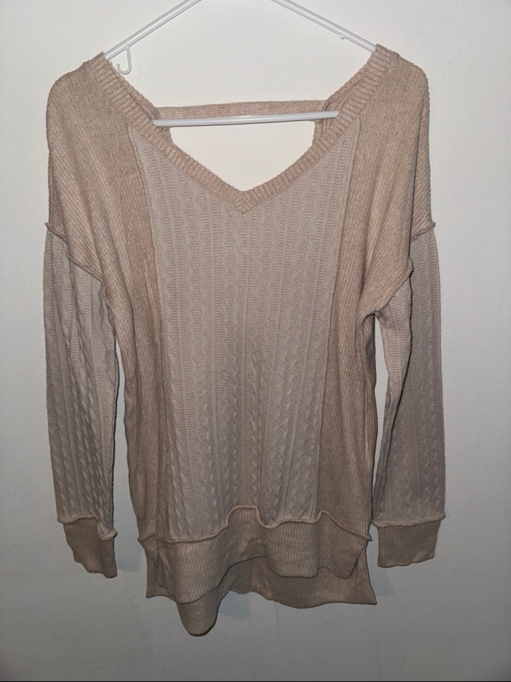 Neutral Beige Cable-Knit V-Neck Women's Sweater